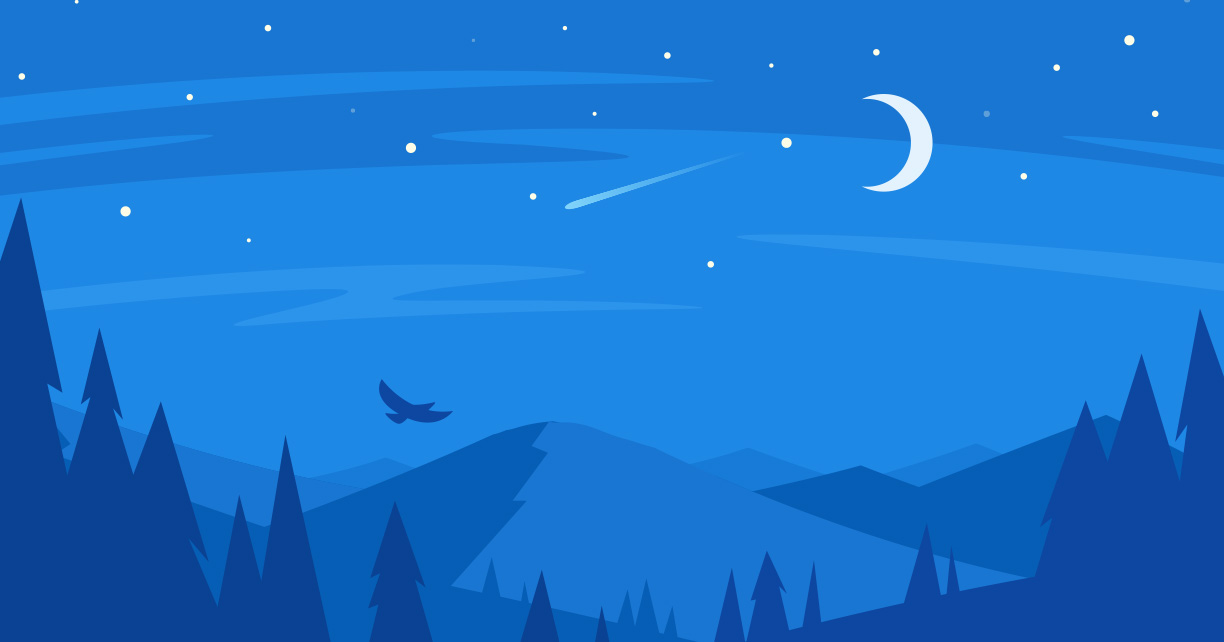 illustration of night sky with moon and bird flying above trees