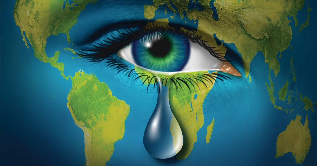 world map graphic with eye crying