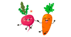 illustration of a beet and a carrot holding hands and smiling