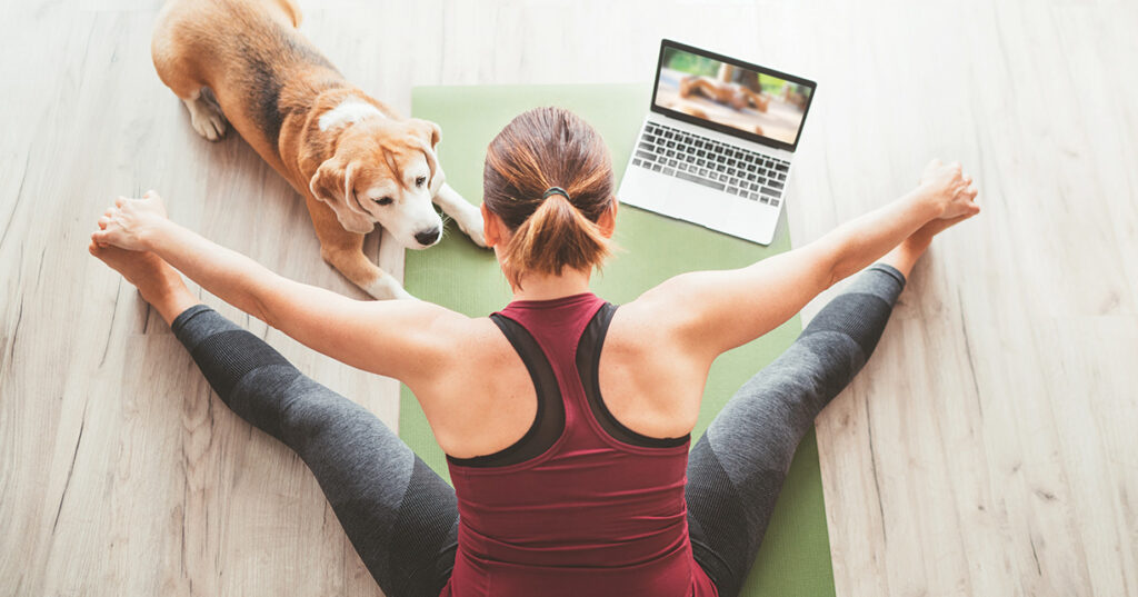woman streching on yoga mat with dog and laptop