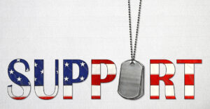 illustration of the word support with the american flag colors and dog tags