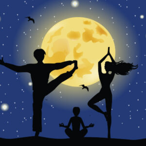 vector moon with 3 silhouettes in yoga positions