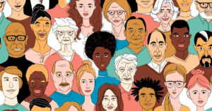 A large set of faces of young people of different nationalities. Seamless drawn creative pattern.