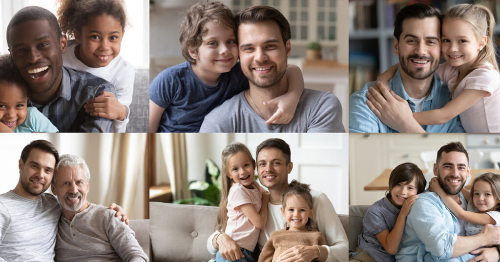 Happy multiethnic young adult and old daddies hugging children looking at camera. Smiling african and caucasian dads posing with kids for family faces headshots portraits. Fathers day concept. Collage