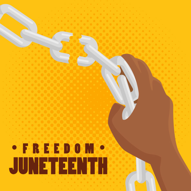 afro american persons hand breaking a chain and juneteenth sign over yellow background. Vector illustration