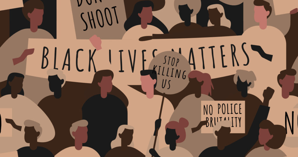 Seamless pattern with abstract silhouettes of people protesting against racism and police brutality. Poster says: black lives matter, no police brutality, can't breathe.